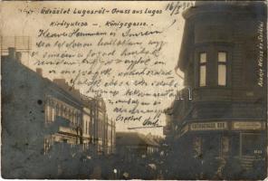 1907 Lugos, Lugoj; Király utca, Recht és Widder, Grünberger Ede üzlete. Weisz és Sziklai kiadása / Königsgasse / street view, shops (ragasztónyom / glue marks)