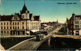 1913 Temesvár, Timisoara; Bonnáz utca, híd, villamos, Horgony kávéház / street, bridge, tram, café (kopott sarkak / worn corners)