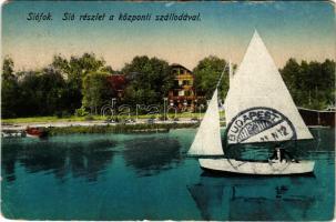 1921 Siófok, Sió részlet a központi szállodával, vitorlás (EK)