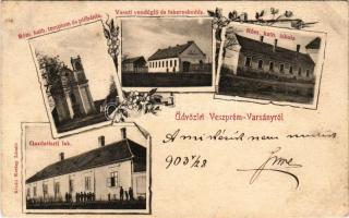 1903 Veszprémvarsány (Pannonhalma), Római katolikus templom, iskola és paplak, Vasúti vendéglő és fakereskedés, gazdatiszti lak. Kertay László kiadása, Art Nouveau, floral (Rb)