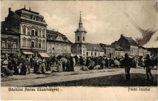 1906 Marosvásárhely, Targu Mures; Fő tér, Petrás Géza, Szalmásy Gyula, Hary Géza, Muntyán Géza, Schwartz János és József Emil üzlete, piac / main square, shops, market (fl)