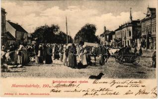 1903 Marosvásárhely, Targu Mures; Széchenyi utca, piac, Vajda üzlete. Petróczy G. kiadása / street view, market, shops (EK)