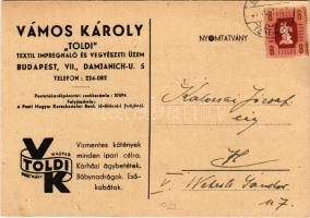 Vámos Károly &quot;Toldi&quot; Textil impregnáló és vegyészeti üzem reklámja. Budapest, Damjanich u. 5. (EK)