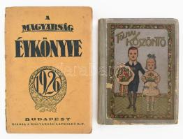 A magyarság évkönyve az 1926-ik esztendőre. A magyarság olvasóinak. Bp., 1926, Magyarság Lapkiadó. Kiadói papírkötés, kissé piszkos, kopottas állapotban. + Váradi András: Tolnai köszöntő, sérült egészvászon kötés.