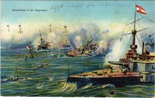 1914 Seeschlacht in der Gegenwart / WWI Austro-Hungarian Navy, K.u.K. Kriegsmarine art postcard, battleships. G. Costalunga, Pola 1914/15. Druck von M. Schulz