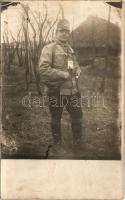 1915 Osztrák-magyar katona / WWI Austro-Hungarian K.u.K. military, soldier. photo + &quot;M. kir. miskolczi 10. honvéd gyalogezred parancsnokság&quot; (fl)