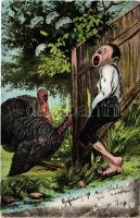 1904 Humour art postcard with boy and turkeys (EK)