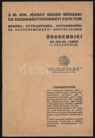 1934 M. Kir. József Nádor Műszaki és Gazdaságtudományi Egyetem mérnöki, építészmérnöki, gépészmérnöki és vegyészmérnöki osztályának órarendjei az 1934/35. tanév I. félévében. Bp., 1934., Műegyetem Mech. Techn. Intézet, 42+2 p. Kiadói papírkötés.