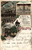 1897 (Vorläufer) Wien, Vienna, Bécs I. St. Anna Hof Münchner Franziskaner Leislbrau v. J. Sedlmayer, Johann Strobl Restaurateur, Gastwirthschaft, Wintergarten. Annagasse 3. / restaurant interior. Karl Schwidernoch Art Nouveau, floral, litho (EB)