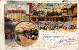 1900 Wien, Vienna, Bécs I. Gastwirthschaft St. Annahof, J. Strobl Restaurateur, Wintergarten, Concert Saal, Franziskaner Leistbräu von J. Sedlmayer in München. Karl Schwidernoch Art Nouveau (fl)