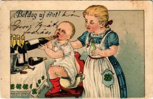 Boldog Újévet / New Year greeting art postcard, humour, baby with champagne. Emb. litho (EB)