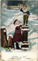 1906 Boldog Újévet / New Year greeting art postcard with champagne and dwarf (fl)