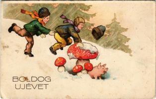 Boldog Újévet / New Year greeting art postcard with pig and mushroom (EB)