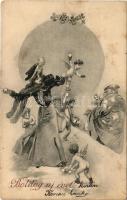 1906 Boldog Újévet / New Year greeting art postcard with Saint Nicholas and snowball fight (fl)