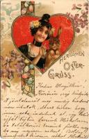 Herzlichen Ostergruss / Easter greeting art postcard with heart, eggs, lady and rabbit. Art Nouveau, floral, litho (EM)