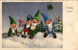 1941 Boldog Újévet / New Year greeting art postcard with dwarves, clover and mushroom (lyukak / pinholes)