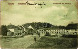 1930 Szentágota, Agnetheln, Agnita; Marktplatz mit Steinburg / Piactér, üzletek. F. Theil kiadása / market square, shops (EK)