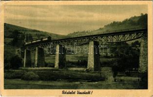 1944 Uzsok, Uzok, Uzhok; vasúti híd, viadukt, vonat. Mérai Jánosné kiadása / railway bridge, viaduct, train (EB)