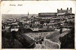 1916 Pozsony, Pressburg, Bratislava; vasúti alagút, vonat, gőzmozdony, vár, régi ortodox zsinagóga / railway tunnel, train, locomotive, castle, old Orthodox synagogue (szakadások / tears)