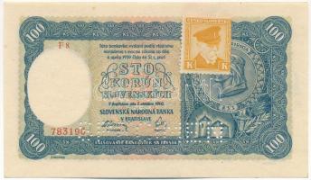 Csehszlovákia 1945. (1940) 100K &quot;SPECIMEN&quot; perforációval és sárga &quot;K&quot; bélyeggel, 2. kiadás T:AU Czechoslovakia 1945. (1940) 100 Korun with &quot;SPECIMEN&quot; perforation and &quot;K&quot; stamp, 2nd issue C:AU Krause 52.s