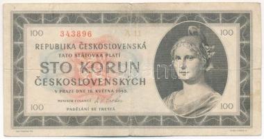 Csehszlovákia 1945. 100K T:F,VG kopott papír Czechoslovakia 1945. 100 Korun C:F worn paper Krause P#67