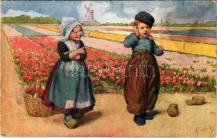 1917 Folklore art postcard with children and windmill. B.K.W.I. 40-2. s: K. Feiertag (EK)