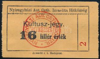 cca 1925 Nyíregyházi Aut. Orthodox Izraelita Hitközség kultusz-jegy, szép állapotban