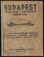 1941 Budapest útmutatója a belterület térképével. Villamos és autóbusz vonalak, kisszakasz határok jelzése. Tizennégy kerület. Bp., 1941, Aczél Testvérek, 48 p.+ 1 (kihajtható térkép) t. Kiadói papírkötés, viseltes, foltos borítóval, javított gerinccel és fűzéssel.