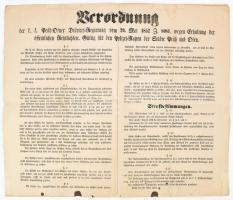 1852 Verordnung der k. k. Pesth-Ofner Districts-Regierung vom 29. Mai 1852 [...] wegen Erhaltung der öffentlichen Reinlichkeit. Gültig für den Polizei-Rayon der Städte Pesth und Ofen. / A köztisztaság fenntartása érdekben Pest és Buda városában bevezetendő szabályozások, német nyelvű hirdetmény, hajtva, kis sérülésekkel, foltokkal, 40,5x48 cm