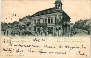 1899 (Vorläufer) Versec, Werschetz, Vrsac; Főtér a Városház utcával, Takarékpénztár, Berecz Sándor és Joh. Dimitrijevits üzlete. J. E. Kirchner kiadása / main square, street, shops (EK)