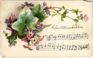 1900 Kottás-virágos üdvözlet / Floral greeting with music sheet. litho (vágott / cut)