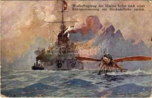 1916 Wasserflugzeug der Marine kehrt nach einer Rekognoszierung zur Blockadeflotte. K.u.K. Kriegsmarine. Offizielle Postkarte des Österreichischen Flottenvereines zu Gunsten der Kriegsfürsorge / Osztrák-Magyar Haditengerészet flotta és hidroplán / WWI Austro-Hungarian Navy art postcard, seaplane s: Harry Heusser + &quot;K.U.K. KRIEGSMARINE SM SCHIFF KOMET&quot; (kopott sarkak / worn corners)