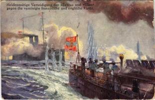 1915 Heldenmütige Verteidigung der Zenta und Ulan (Torpedobootzerstörer) gegen die vereinigte französische und englische Flotte. K.u.K. Kriegsmarine. Offizielle Postkarte des Österreichischen Flottenvereines zu Gunsten der Kriegsfürsorge. Postkartenverlag Brüder Kohn B.K.W.I. / WWI Austro-Hungarian Navy art postcard, SMS Zenta protected cruiser&#039;s and SMS Ulan Huszár-class destroyer&#039;s heroic defense against the united British and French fleet. s: Alex Kircher + &quot;K.U.K. KRIEGSMARINE SM SCHIFF KOMET&quot; (EB)