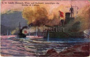 1916 SM Schiffe Monarch, Wien und Budapest verteidigen die Bocche di Cattaro. Offizielle Postkarte des Österreichischen Flottenvereines zu Gunsten der Kriegsfürsorge / Austro-Hungarian Navy art postcard, Monarch-class coastal defense ships defending the Bay of Kotor s: Alex Kircher + &quot;K.U.K. KRIEGSMARINE SM SCHIFF KOMET&quot; (kopott sarkak / worn corners)