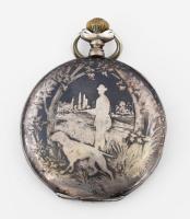 Pallas ezüst (Ag) tokos óra, niellós díszítéssel, működik, másodperc segédkörrel, számlapon kis repe...