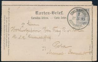 1895 Osztrák 10Kr díjjegyes levelezőlap Polába k.u.k. Linienschifffahrt hajóra küldve &quot;CONSTANTINOPEL / OESTERREICHISCHE POST&quot;