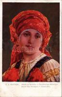 Devce ze Slovace / Slovakisches Mädchen / Jeune fille slovaque / Slowaczka / Slovak folklore art postcard s: C. V. Muttich (fl)