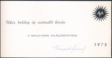 cca 1972 Kárpáti József (1916-2010), A Magyarok Világszövetsége főtitkára, 1954-56 között külügyminiszter-helyettes autográf aláírása újévi lapon, töréssel