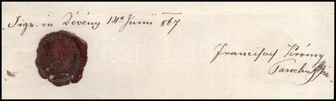 1867 Dévény (Devin, SK) anyakönyvi kivonat. Króny Ferenc plébános aláírásával