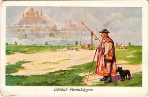 Délibáb a Hortobágyon. Magyar folklór művészlap / Hungarian folklore art postcard (kopott sarkak / worn corners)