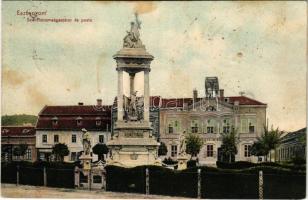 1911 Esztergom, Szentháromság szobor, posta és távirda, Hunnia könyvnyomda üzlete (fl)