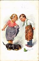 1918 Children art postcard, Dachshund dog and frog. B.K.W.I. 344-3. s: K. Feiertag (fl)