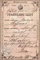 1868 Igazolási jegy 15 kr okmánybélyeggel