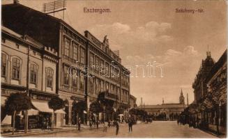 1914 Esztergom, Széchenyi tér, Takarékpénztár, Kürcz Dezső, Fleischmann E. és Kókay üzlete. Szőllősy testvérek kiadása