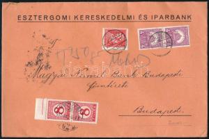 1932 Levél 28f bérmentesítéssel Esztergomból Budapestre, 2 x 8f portóval kiegészítve, hátul az Esztergomi Kereskedelmi és Iparbank levélzárójával