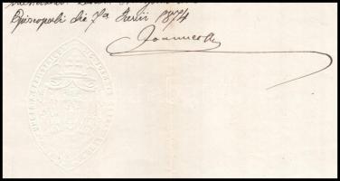 1874 Simor János (1812-1891) hercegprímás, bíboros, esztergomi érsek által aláírt egyházi okirat fej...
