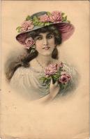 1909 Lady art postcard with roses. Martin Rommel &amp; Co. Hofkunstanstalt &quot;Ricarda&quot; Serie A. No. 4. (EK)