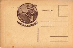 Tábor előtt. Magyar Cserkész kiadás / Hungarian boy scout art postcard s: Velősy B. (EK)