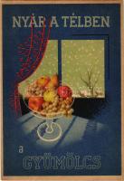 Nyár a télben a gyümölcs! Magyar egészségügyi propaganda, C-vitamin táblázat a hátoldalon. Országos M. kir. Chemiai Intézet és M. kir. Kertészeti Akadémia adatai / Hungarian health campaign propaganda, Vitamin C chart s: Z. Szabó-Mosdóssy