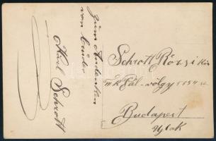 cca 1915 Lövészbojtos katonák sétabottal, I. világháborús fotólap, megírva, Karl Schrott aláírással,...